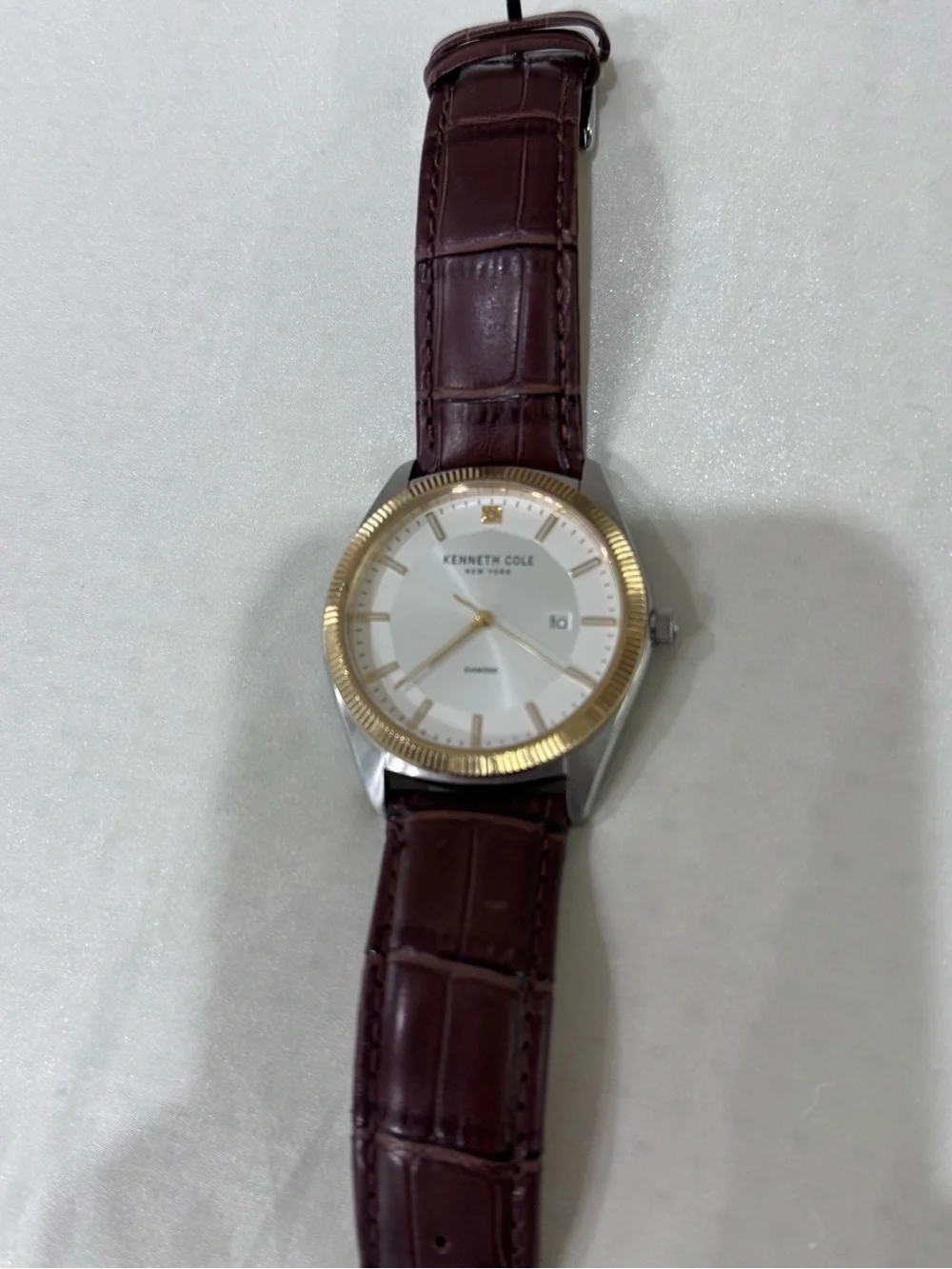 Kenneth Cole Brown Leather Strap Watch with Gold-Tone Bezel and White Dial